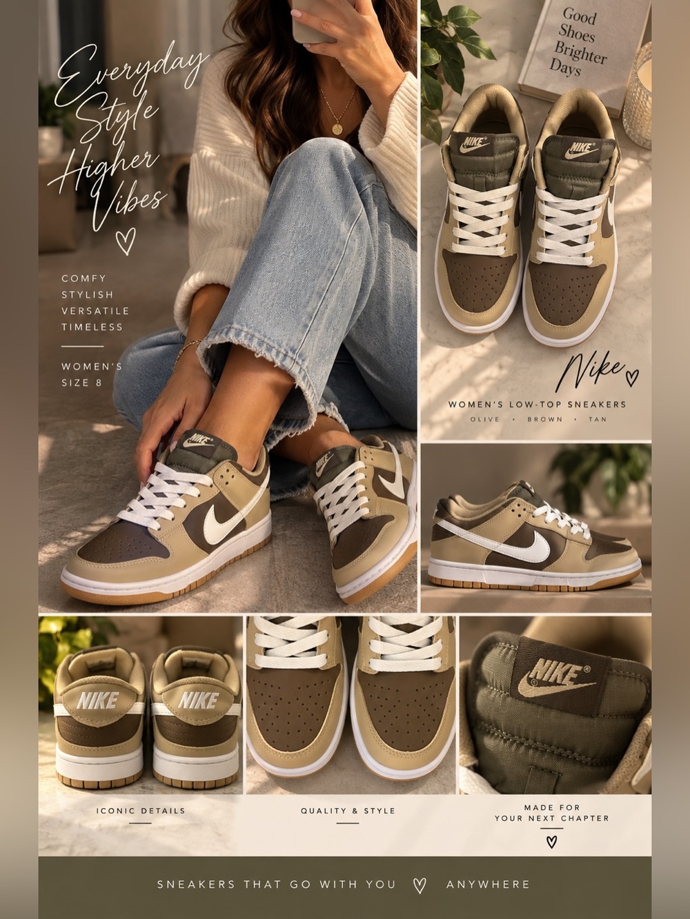 Nike Women’s Low-Top Sneakers in Olive, Brown and Tan size 8